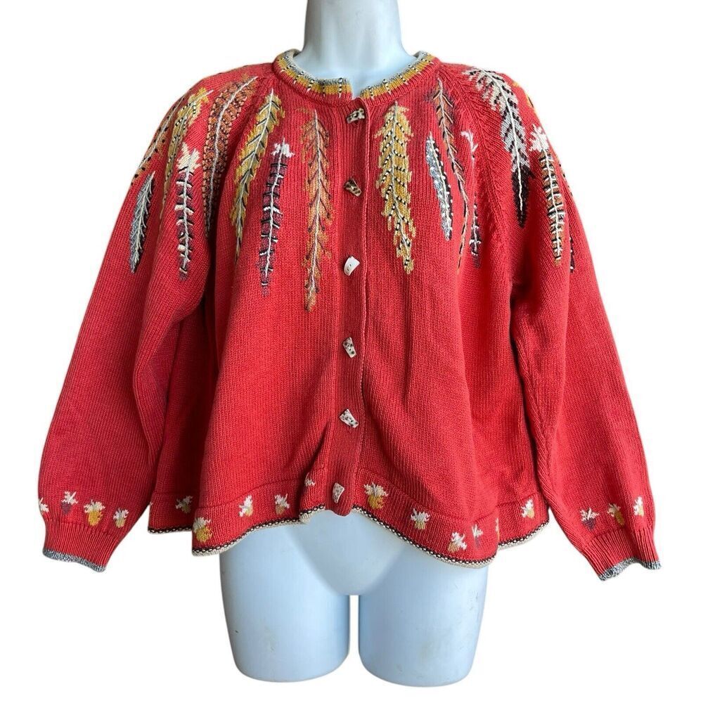 Vintage Christine Foley Cardigan Sweater Women’s 2 L Orange Feather Buttons Down